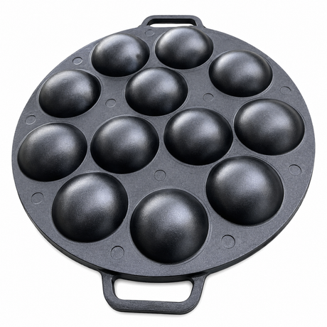 Thai Coconut Kanom Krok 12 Dimple Cast Aluminium Pancake Pan w/ Handles & Glass Lid