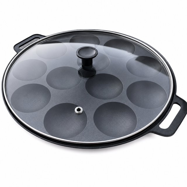 Dutch Poffertjes 12 Dimple Cast Aluminium Mini Pancake Pan w/ Handles & Lid