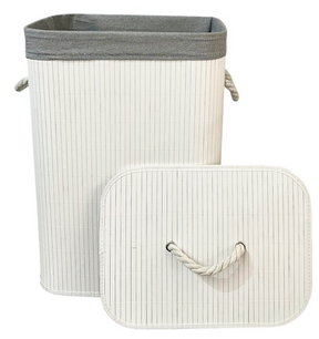 Collapsible Rectangular Bamboo Laundry Basket Clothes Bin Washing Hamper in White