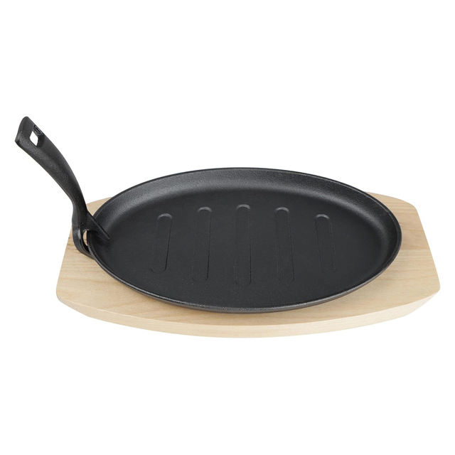 Filipino Sisig Plate - Cast Iron Sizzling Platter w/ Wooden Base & Handle