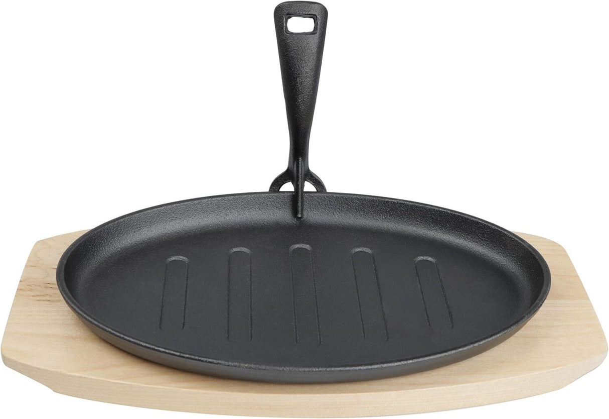 Steak Sizzle Cast Iron Plate w/ Wooden Base & Handle - Serving Platter