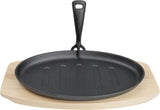 Steak Sizzle Cast Iron Plate w/ Wooden Base & Handle - Serving Platter