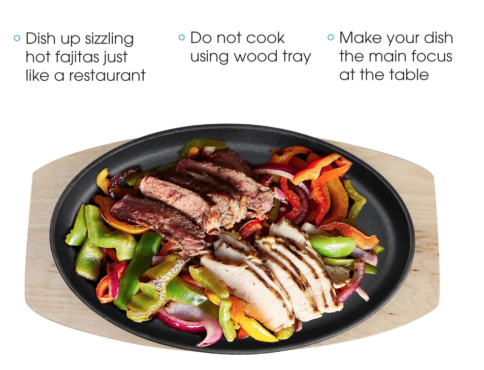 Steak Sizzle Cast Iron Plate w/ Wooden Base & Handle - Serving Platter