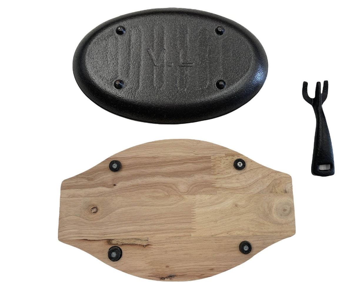 Steak Sizzle Cast Iron Plate w/ Wooden Base & Handle - Serving Platter