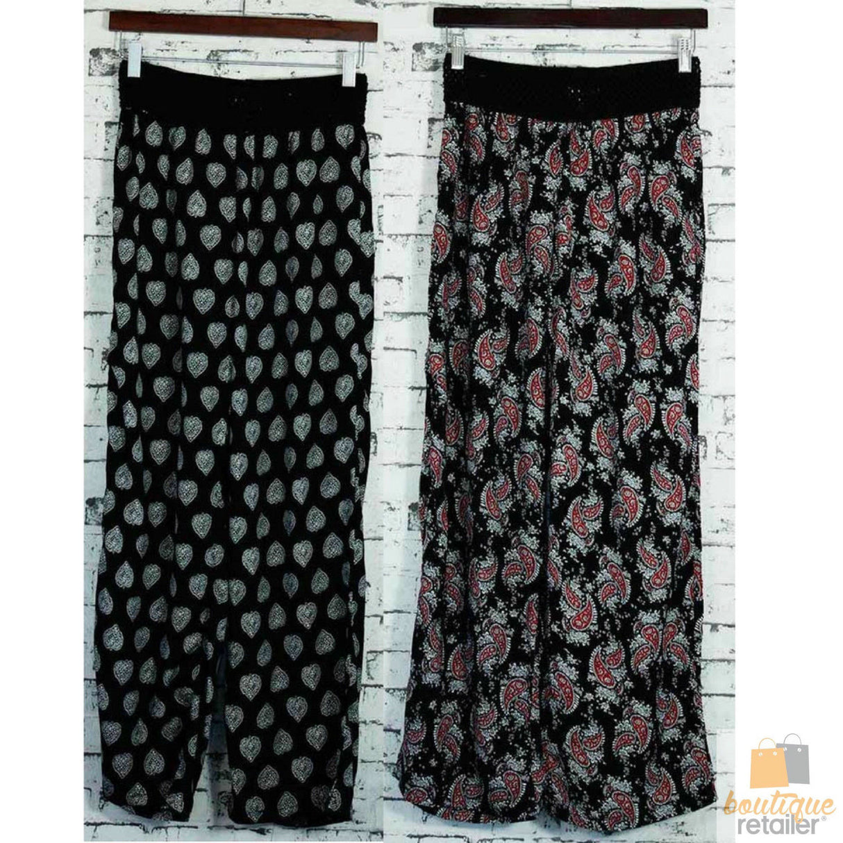 Womens Crotchet Waist Yoga Harem Pants Palazzo Lounge Ladies Trousers Yoga Loose - Paisley Daisy (Black/White/Red)