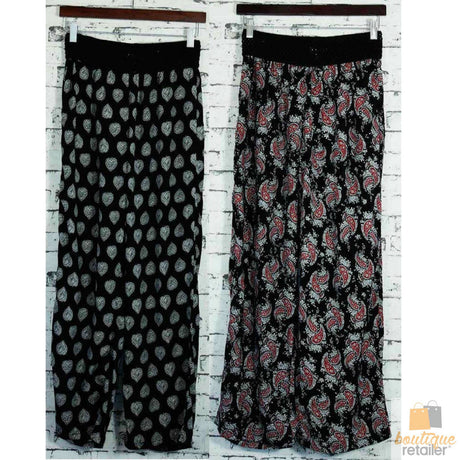 Womens Crotchet Waist Yoga Harem Pants Palazzo Lounge Ladies Trousers Yoga Loose - Paisley Daisy (Black/White/Red)