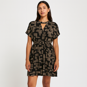 Womens Viscose Above Knee Summer Dress w/ Neck Cut Out Detail in Amayah Black