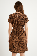 Womens Viscose Above Knee Summer Dress w/ Neck Cut Out Detail in Ziba Leopard Tan