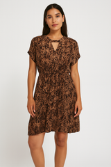 Womens Viscose Above Knee Summer Dress w/ Neck Cut Out Detail in Ziba Leopard Tan