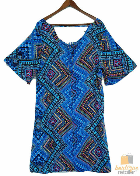 Plus size V-Neck Printed Open Hem Dress  Sleeve King Tall Bohemian - My Tribe Black