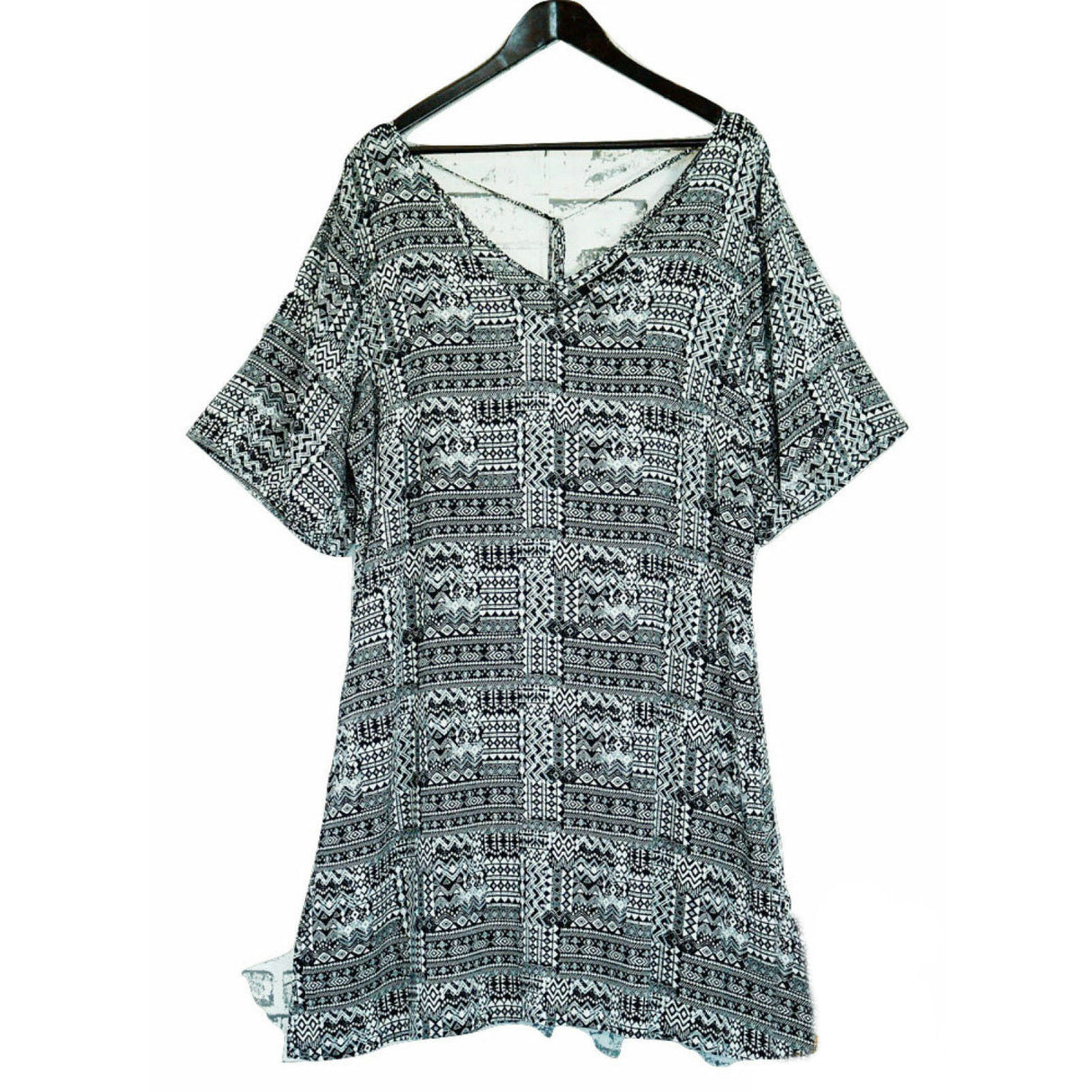 Plus size V-Neck Printed Open Hem Dress  Sleeve King Tall Bohemian - My Tribe Black