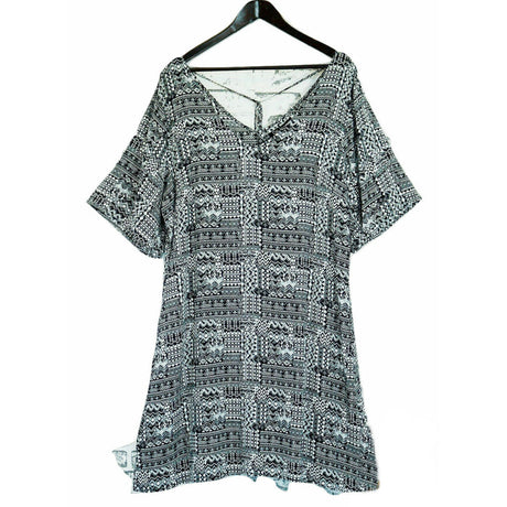 Plus size V-Neck Printed Open Hem Dress  Sleeve King Tall Bohemian - My Tribe Black