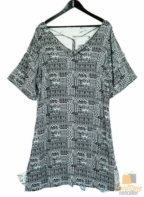 Plus size V-Neck Printed Open Hem Dress  Sleeve King Tall Bohemian - Ziggy