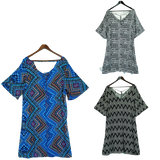 Plus size V-Neck Printed Open Hem Dress  Sleeve King Tall Bohemian - Foulard Blue