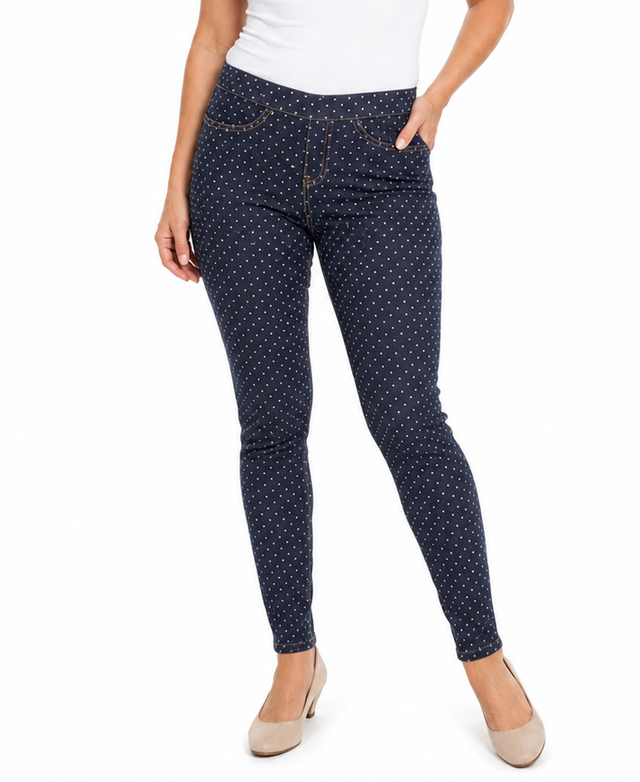 Womens JEGGINGS Full Length Ladies Skinny Pants Stretchy Leggings Slim - Denim Blue with White Polka Dots - X-Small