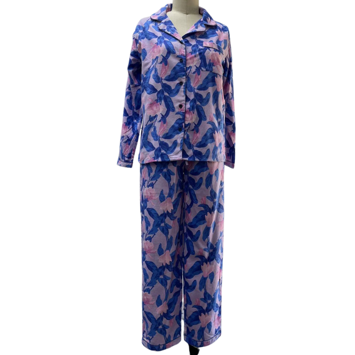 Womens 100% Cotton Flannelette Pyjama Set - Two Piece Top & Pants PJs - Blue Jay