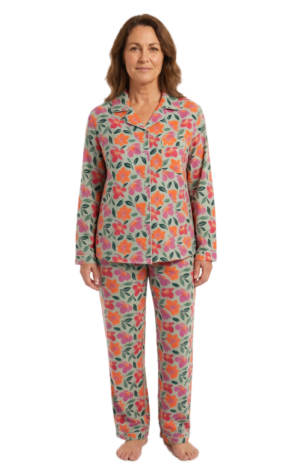 Womens 100% Cotton Flannelette Pyjama Set - Jaclyn Print Mint (Two Piece Top & Pants PJs)