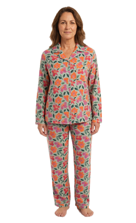 Womens 100% Cotton Flannelette Pyjama Set - Jaclyn Print Mint (Two Piece Top & Pants PJs)