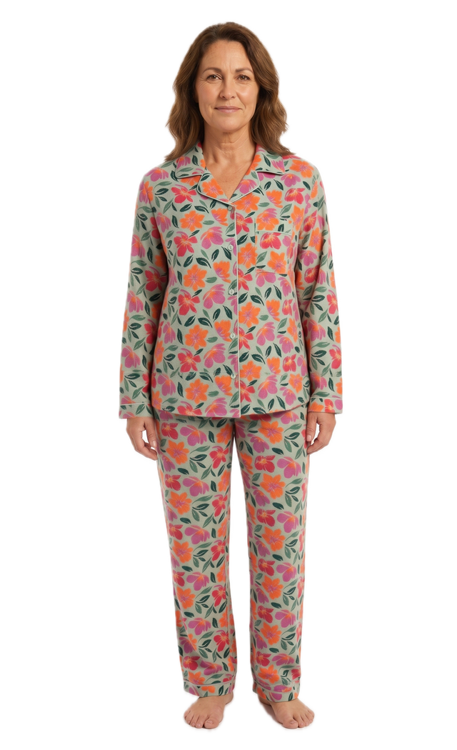 Womens 100% Cotton Flannelette Pyjama Set - Jaclyn Print Mint (Two Piece Top & Pants PJs)
