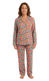 Womens 100% Cotton Flannelette Pyjama Set - Jaclyn Print Mint (Two Piece Top & Pants PJs)