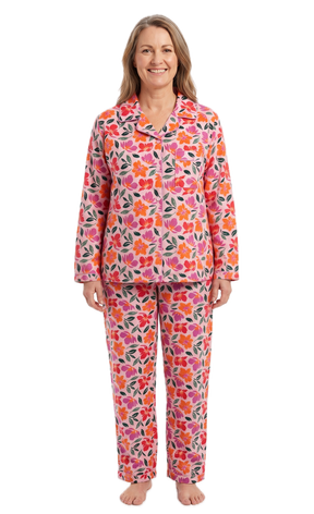 Womens 100% Cotton Flannelette Pyjama Set - Jaclyn Print Pink (Two Piece Top & Pants PJs)