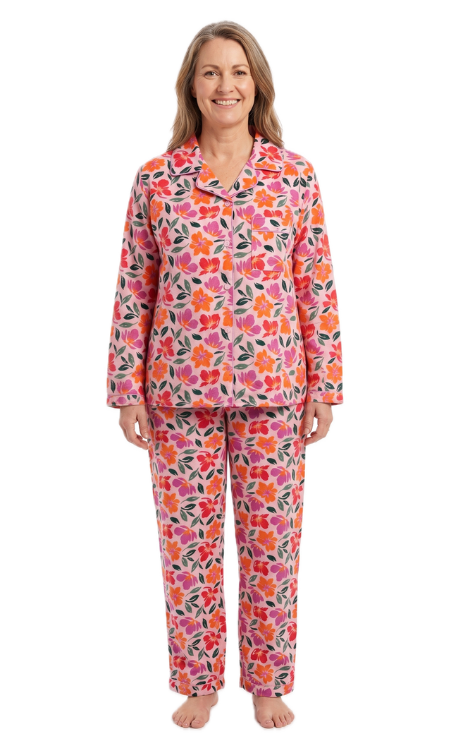 Womens 100% Cotton Flannelette Pyjama Set - Jaclyn Print Pink (Two Piece Top & Pants PJs)