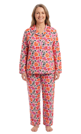 Womens 100% Cotton Flannelette Pyjama Set - Jaclyn Print Pink (Two Piece Top & Pants PJs)