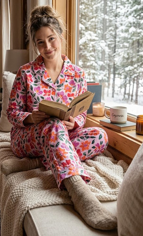 Womens 100% Cotton Flannelette Pyjama Set - Jaclyn Print Pink (Two Piece Top & Pants PJs)