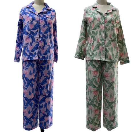 Womens 100% Cotton Flannelette Pyjama Set - Two Piece Top & Pants PJs