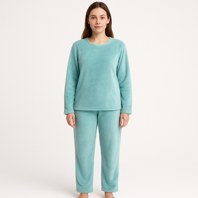 Womens Coral Fleece Soft Fur Pyjama Set - Pastel Blue (Top & Bottom Plush PJs)