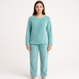 Womens Coral Fleece Soft Plush Fur Pyjama Set PJs Top & Bottom in Pastel Blue