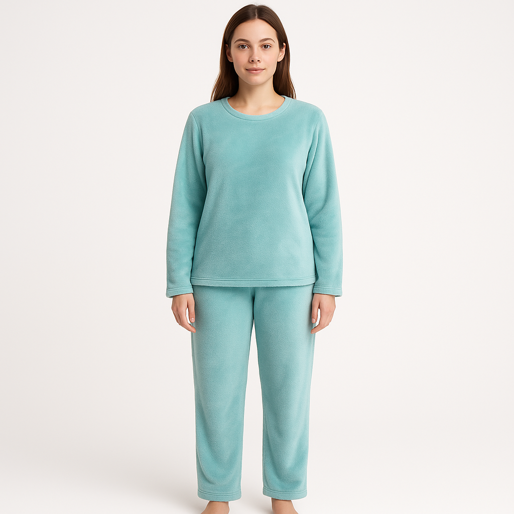 Womens Coral Fleece Soft Plush Fur Pyjama Set PJs Top & Bottom in Pastel Blue