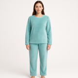 Womens Coral Fleece Soft Fur Pyjama Set - Pastel Blue (Top & Bottom Plush PJs)