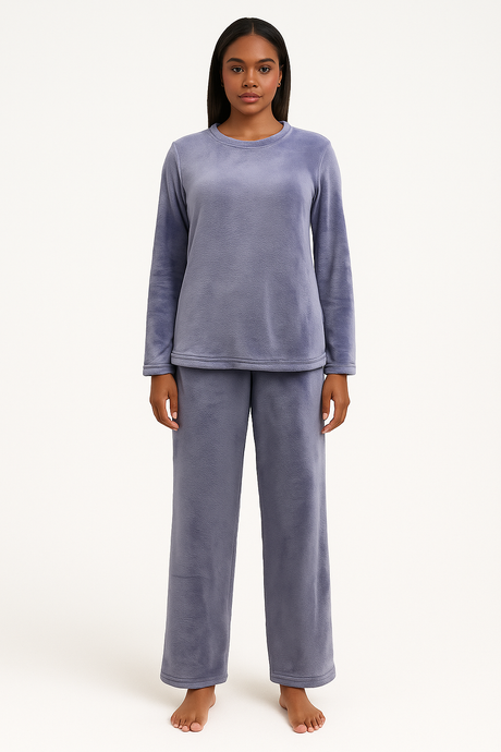 Womens Coral Fleece Soft Fur Pyjama Set PJs Top & Bottom in Pastel Lilac