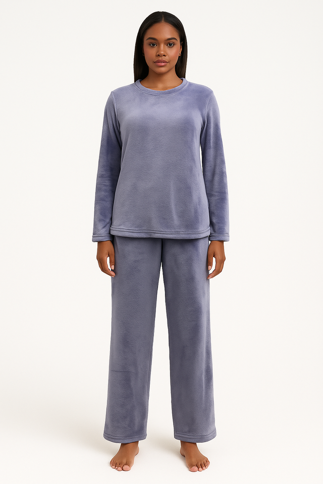 Womens Coral Fleece Soft Fur Pyjama Set - Pastel Lilac (Top & Bottom Plush PJs)