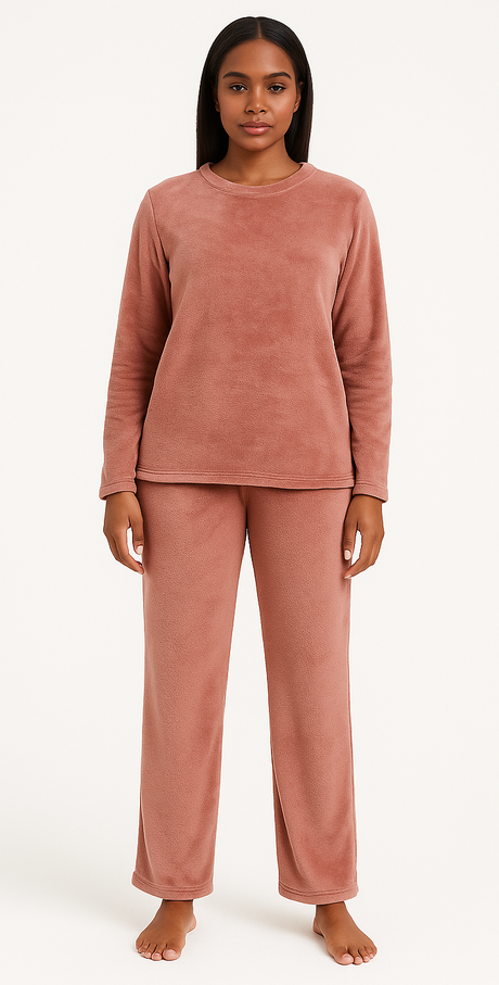 Womens Coral Fleece Soft Fur Pyjama Set PJs Top & Bottom in Pastel Pink