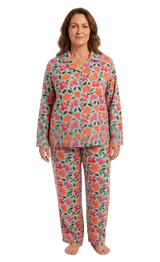 Womens Plus Size 100% Cotton Flannelette Pyjama Set - Jaclyn Print Mint (Two Piece Soft PJs)