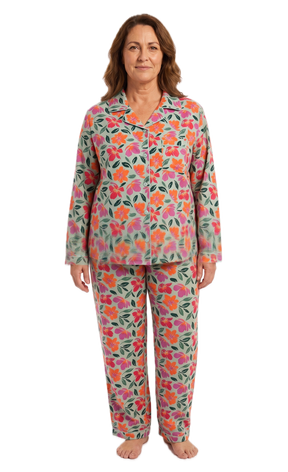 Womens Plus Size 100% Cotton Flannelette Pyjama Set - Jaclyn Print Mint (Two Piece Soft PJs)