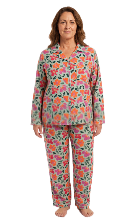 Womens Plus Size 100% Cotton Flannelette Pyjama Set - Jaclyn Print Mint (Two Piece Soft PJs)
