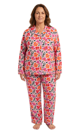 Womens Plus Size 100% Cotton Flannelette Pyjama Set - Jaclyn Print Pink (Two Piece Soft PJs)