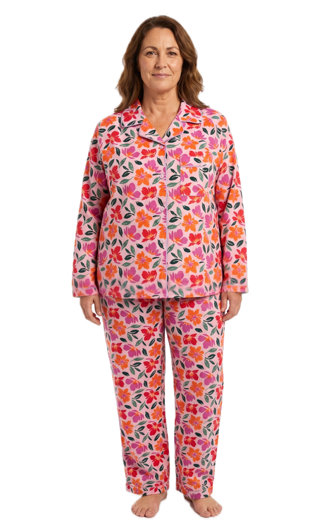 Womens Plus Size 100% Cotton Flannelette Pyjama Set - Jaclyn Print Pink (Two Piece Soft PJs)
