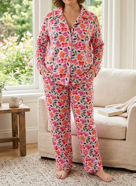 Womens Plus Size 100% Cotton Flannelette Pyjama Set - Jaclyn Print Pink (Two Piece Soft PJs)