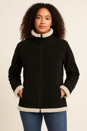 Womens Black Fur Trimmed Coral Fleece Zip Up Jumper Jacket