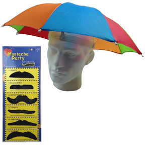 2pcs Rainbow Umbrella Hat + 70s Fake Moustache Set - Novelty Costume Props (Fancy Dress)