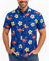 Mens 100% Cotton Hawaiian Short Sleeve Shirt - Blue Flamingo Print