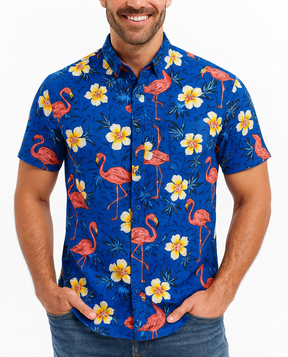 Mens 100% Cotton Hawaiian Short Sleeve Shirt - Blue Flamingo Print