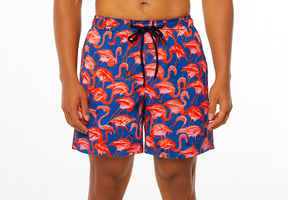Mens Hawaiian Summer Board Shorts in Flamingo Frenzi Print - Red/Blue