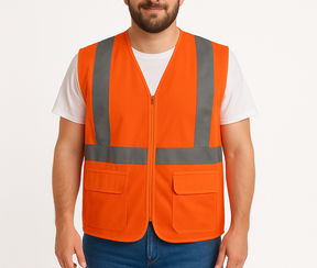 Mens Hi Vis Zip Thru Safety Vest w/ Reflective Tape Workwear in Fluro Orange