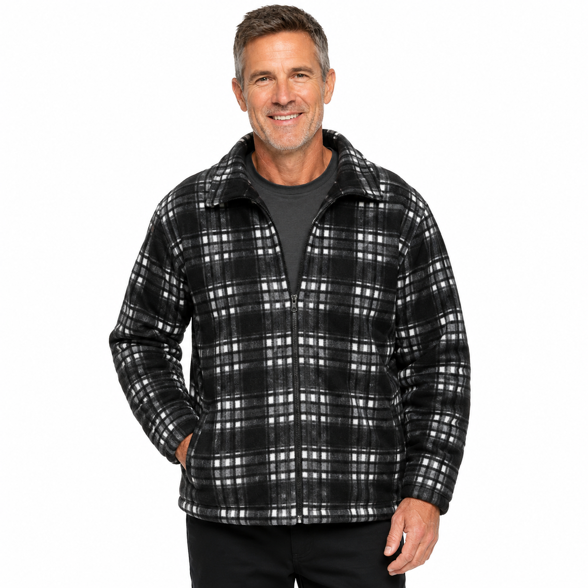 Mens Fur Lined Polar Fleece Zip Jacket - Black Check (w/ Quilted Sleeves)