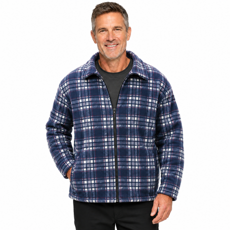 Mens Fur Lined Polar Fleece Zip Jacket - Navy Check (w/ Quilted Sleeves)